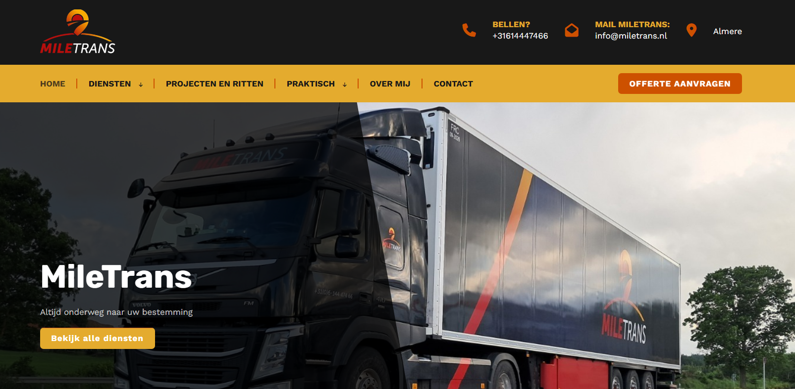 Screenshot van de nieuwe website van MileTrans, de homepagina