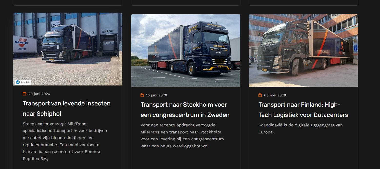 Screenshot van de nieuwe website van MileTrans, de nieuwe ritten en projecten